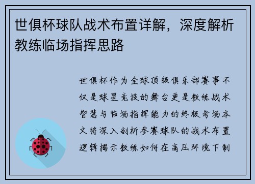 世俱杯球队战术布置详解，深度解析教练临场指挥思路
