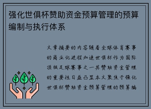 强化世俱杯赞助资金预算管理的预算编制与执行体系