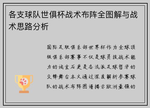 各支球队世俱杯战术布阵全图解与战术思路分析