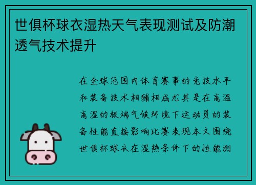 世俱杯球衣湿热天气表现测试及防潮透气技术提升
